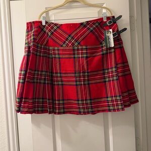 Stylish Red Plaid Mini Skirt with Buckle Details